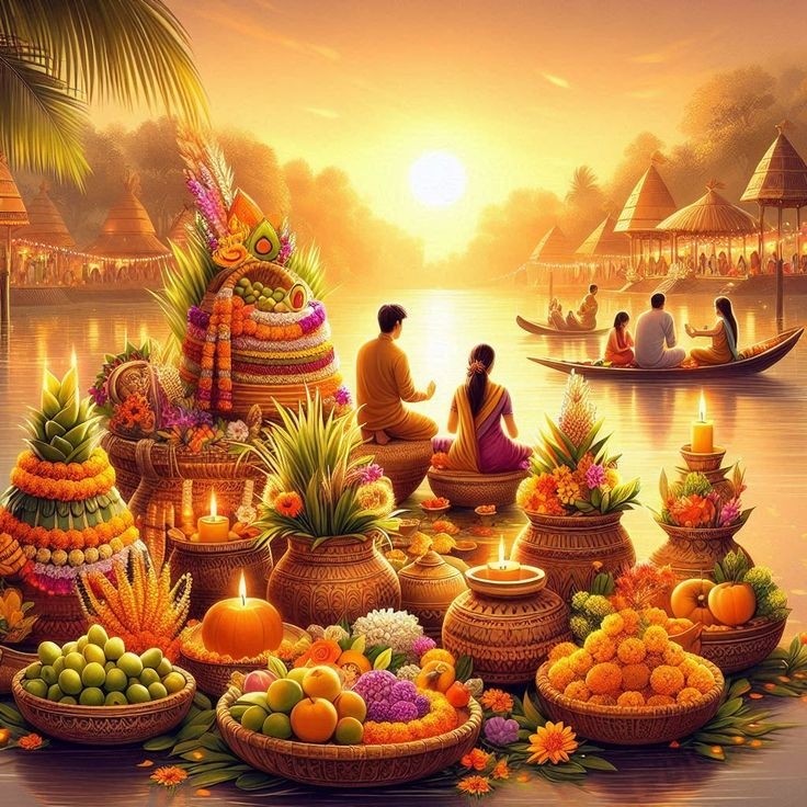 Chhath Puja evening Arghya at river bank with diya lights