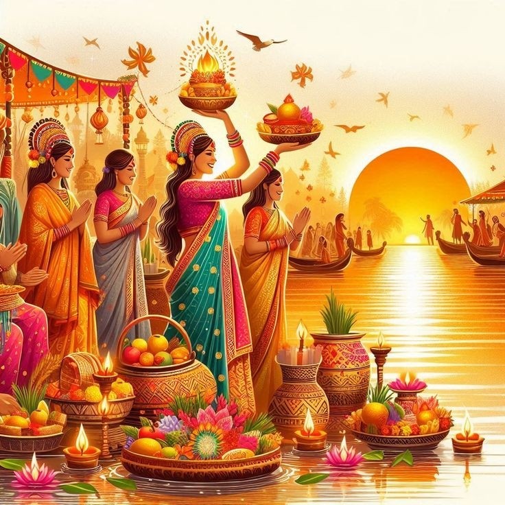 Beautiful Chhath Puja wallpaper with Surya Dev and offerings