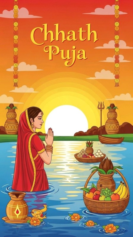 Women performing Chhath Puja rituals at sunrise 2025