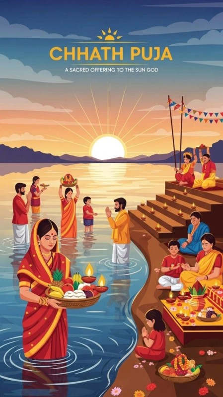 Chhathi Maiya Puja photo with decorated ghat and diyas