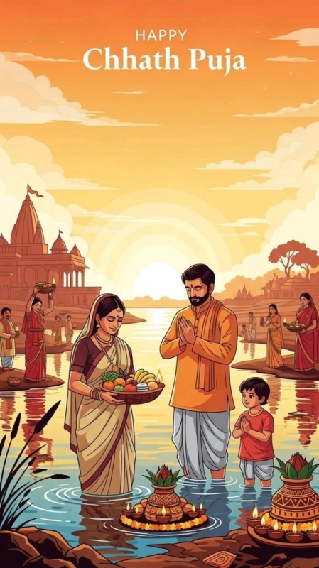 Devotees praying during Usha Arghya on last day of Chhath Puja 2025